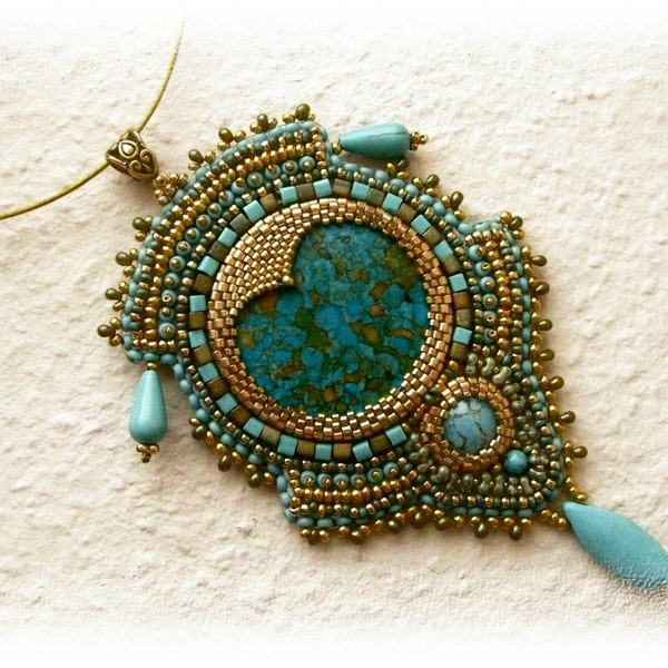 Gold and turquoise bead embroidered necklace - OOAK