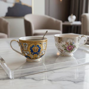 May include: Two decorative teacups on a clear acrylic tray. One cup features a gold, blue, and white design with a spoon inside. The other cup has a floral pattern with pink and green accents. The tray sits on a marble surface.