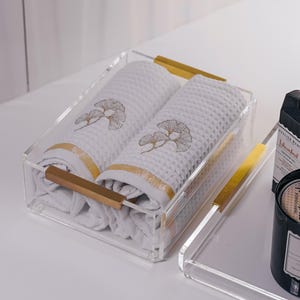 Handdukshållare i akryl, genomskinlig badrumsbricka med mässingshandtag, modern sminklåda, förvaringslåda i lucit, elegant heminredningsgåva