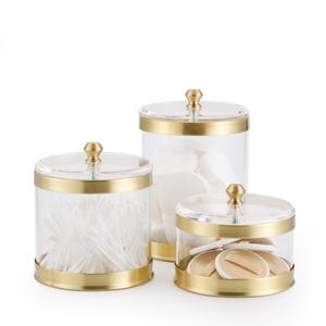 Round Acrylic Organizer Jar, Brass Base Storage Box, Gold Lid Kitchen Canister, Bathroom Cotton Holder, Modern Home Organization Gift