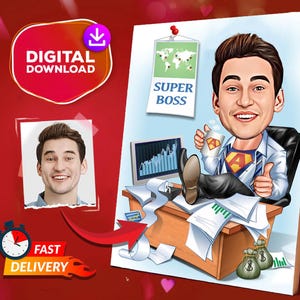 May include: A digital download graphic featuring a cartoon illustration of a man in a superhero shirt, sitting at a desk with a computer and papers. The words "SUPER BOSS" are visible. A photo of the man is also included.