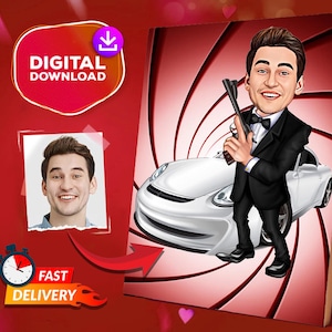 Puede incluir: Un gráfico de descarga digital con una ilustración de dibujos animados de un hombre con esmoquin sosteniendo un arma, junto a un coche blanco. La imagen incluye el texto "DESCARGA DIGITAL" y "ENTREGA RÁPIDA".