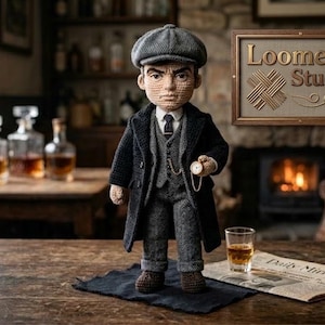May include: A crocheted doll of a man in a tweed suit, overcoat, and cap, holding a pocket watch. The doll stands on a wooden table with a glass of amber liquid and a newspaper. A sign that says "Loomelle Studio" hangs in the background.