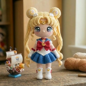 May include: A handmade crochet doll with long blonde hair, wearing a sailor-style outfit with a red bow and blue skirt. The doll is standing on a wooden surface next to a small toy ship.