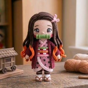 Bamboo Gag Demon Girl Amigurumi Crochet Pattern PDF | Kimono Doll Ombre Hair Two Arm Versions | Anime Style Plush | Instant Download