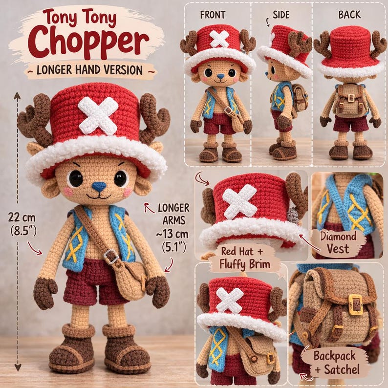 Tony Tony Chopper Amigurumi Crochet Pattern | Deluxe Standing Doll (PDF ...