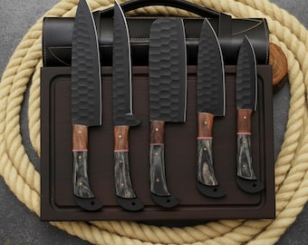 Hand-Forged Damascus Steel Chef Knife Set – 5-Piece with Leather Roll
