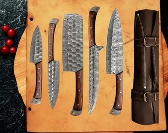 Handgeschmiedeter Damaststahl Kochmesser Set - Full Tang Klingen, Lederrolle