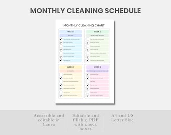 月間家事表、編集可能な掃除スケジュールチェックリスト、記入可能なPDF、掃除のやることリスト、印刷可能な家事表プランナー、掃除