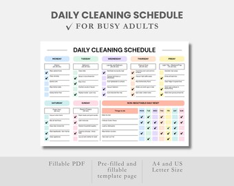 編集可能なPDF形式の掃除表、毎週の家事スケジュール、ADHD向けの掃除プランナー、印刷可能な家の掃除ルーチン、家事掃除プラン