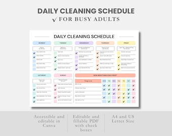 忙しい大人のための掃除スケジュールチェックリスト、印刷可能なADHD掃除プランナー、Canva編集可能なADHD掃除ルーチンPDF、家事リスト