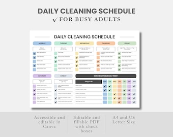 編集可能な掃除スケジュールチェックリスト、印刷可能な掃除スケジュールプランナー、ADHD掃除チェックリスト、PDF家事チャート、ToDoリスト、Canva
