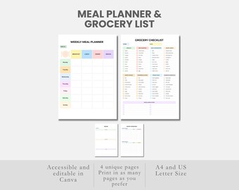 Planejamento de refeições e lista de compras com planilha de calorias, organizador de cardápio, inventário de cozinha e lista de preparo de alimentos.