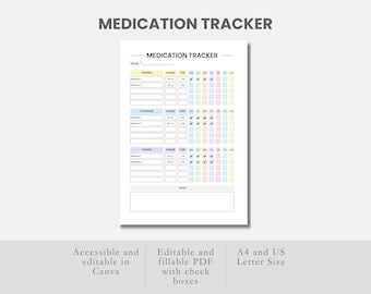 編集可能なPDF薬摂取量トラッカーCanvaで編集可能なビタミントラッカーチャート介護者の薬の記録薬の追跡チャート