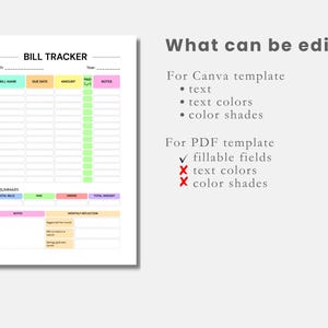 Puede incluir: Una plantilla blanca de seguimiento de facturas con encabezados y secciones coloridas para el nombre de la factura, la fecha de vencimiento, el importe y las notas. El texto "BILL TRACKER" est&aacute; en la parte superior. El lado derecho de la imagen enumera lo que se puede editar en las plantillas de Canva y PDF.