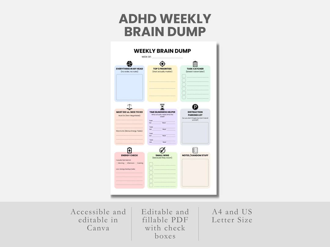 ADHD Brain Dump Printable Work Day Thoughts Organizer ADHD To-do List ...