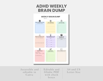 ADHDの思考整理シート（印刷可能）、仕事日の思考整理ツール、ADHDのToDoリスト（編集可能）、ADHDプランナーテンプレート、集中力と生産性の優先順位マトリックス