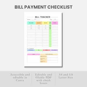 Puede incluir: Una lista de verificaci&oacute;n de pago de facturas blanca con el t&iacute;tulo "BILL PAYMENT CHECKLIST" en la parte superior. La lista de verificaci&oacute;n incluye secciones para el nombre de la factura, la fecha de vencimiento, el importe, pagado y notas.