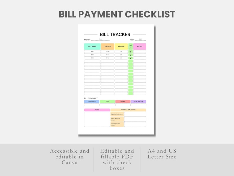 Puede incluir: Una lista de verificaci&oacute;n de pago de facturas blanca con el t&iacute;tulo "BILL PAYMENT CHECKLIST" en la parte superior. La lista de verificaci&oacute;n incluye secciones para el nombre de la factura, la fecha de vencimiento, el importe, pagado y notas.