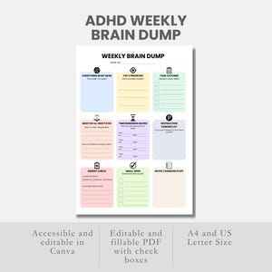 Könnte beinhalten: Ein weißer, druckbarer Wochenplaner für ADHD Brain Dump mit farbigen Abschnitten für Aufgaben, Prioritäten und Notizen. Der Planer enthält den Text "ADHD WEEKLY BRAIN DUMP" und "WEEKLY BRAIN DUMP". Er ist zugänglich und bearbeitbar in Canva und hat die Größe A4 und US Letter.