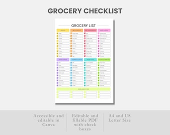 忙しい大人のための食料品チェックリスト編集可能な食料品リストテンプレート食料品ショッピングリスト記入可能なPDF食料品ショッピングプランナーCanva毎週の食料品