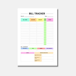 Puede incluir: Una hoja blanca de seguimiento de facturas con el t&iacute;tulo "BILL TRACKER" en la parte superior. La hoja tiene secciones para el nombre de la factura, la fecha de vencimiento, el importe, pagado y notas. Hay una secci&oacute;n de resumen de facturas en la parte inferior.