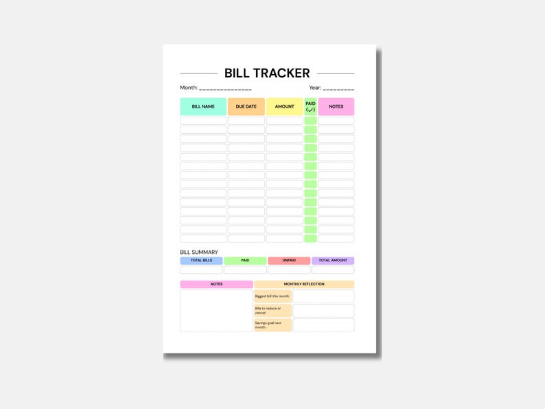 Puede incluir: Una hoja blanca de seguimiento de facturas con el t&iacute;tulo "BILL TRACKER" en la parte superior. La hoja tiene secciones para el nombre de la factura, la fecha de vencimiento, el importe, pagado y notas. Hay una secci&oacute;n de resumen de facturas en la parte inferior.