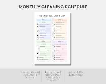 月間家事表（印刷可能）、月間掃除チェックリスト、ADHD向け家事プランナー（編集可能）、家事表、家事スケジュール