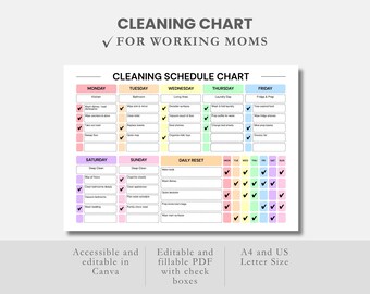 働くママのための編集可能な掃除プランナー、掃除チェックリスト、PDF家事表、Canva編集可能な掃除テンプレート、掃除スケジュール