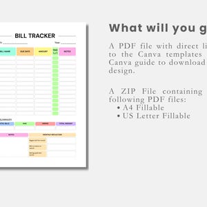 Puede incluir: Una plantilla de seguimiento de facturas blanca con encabezados coloridos para el nombre de la factura, la fecha de vencimiento, el importe, pagado y notas. Se muestra el texto "What will you get", seguido de informaci&oacute;n sobre los formatos de archivo PDF y ZIP.