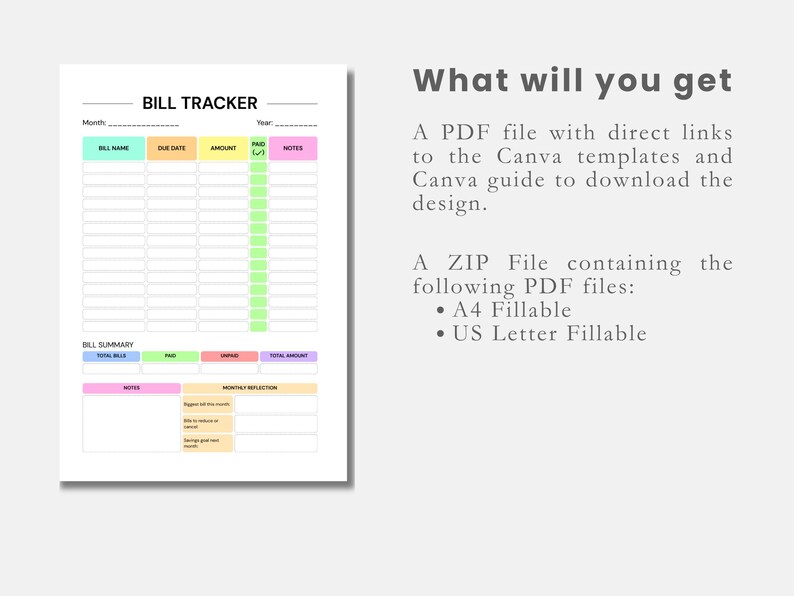 Puede incluir: Una plantilla de seguimiento de facturas blanca con encabezados coloridos para el nombre de la factura, la fecha de vencimiento, el importe, pagado y notas. Se muestra el texto "What will you get", seguido de informaci&oacute;n sobre los formatos de archivo PDF y ZIP.