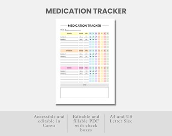 薬の追跡を印刷できるCanva 編集可能な薬リスト 記入可能なPDF 毎日の薬の服用量シート 印刷可能な薬のリマインダーログPDF