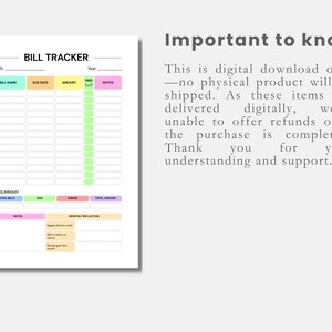 Puede incluir: Un rastreador de facturas imprimible con fondo blanco. El documento incluye secciones para el nombre de la factura, la fecha de vencimiento, el importe y las notas. Tambi&eacute;n es visible el texto "Important to know".