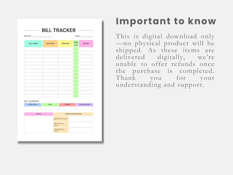Puede incluir: Un rastreador de facturas imprimible con fondo blanco. El documento incluye secciones para el nombre de la factura, la fecha de vencimiento, el importe y las notas. Tambi&eacute;n es visible el texto "Important to know".