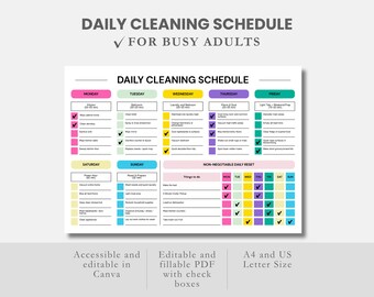 Canvaで編集可能な掃除スケジュールチェックリスト（記入可能なPDF）ADHD掃除プランナー、ハウスクリーニングチェックリスト、ホームルーチンプランナー、家事チャート