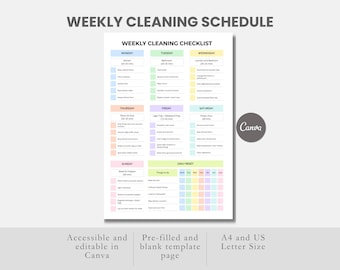 cleaning schedule checklist printable ADHD cleaning planner Canva editable weekly house cleaning schedule household cleaning routine planner
