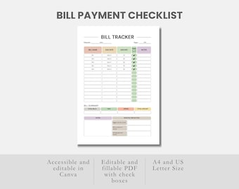 毎月の請求書支払いトラッカー（PDF）、経費トラッカー（印刷可能）、請求書支払いオーガナイザー（Canva編集可能）、予算プランナーシート（請求書支払チェックリストPDF）