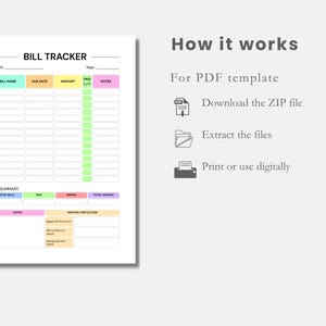 Puede incluir: Una plantilla blanca de seguimiento de facturas con encabezados de colores pastel para el nombre de la factura, la fecha de vencimiento, el importe, pagado y notas. El texto "Bill Tracker" est&aacute; en la parte superior. Instrucciones incluidas.