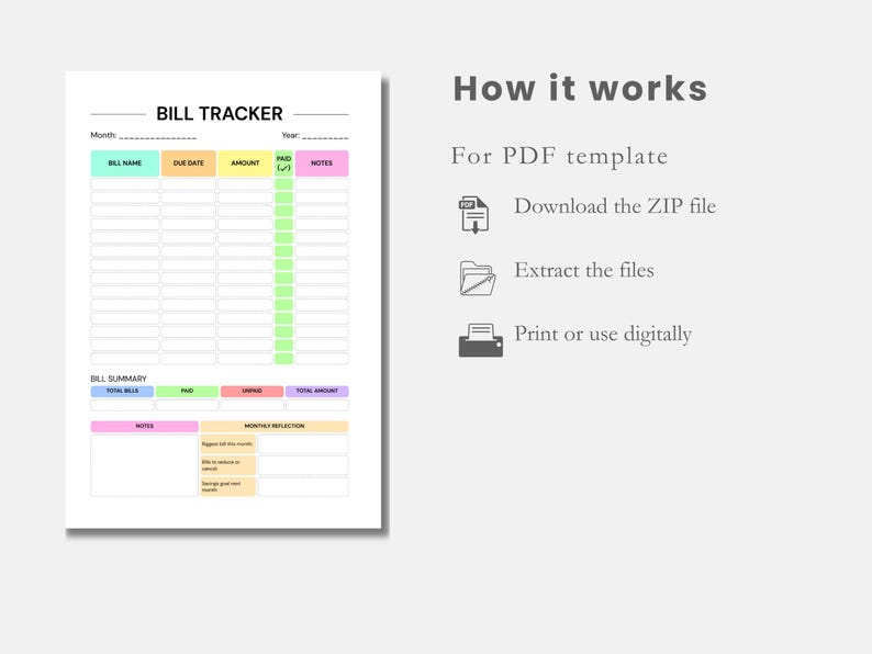 Puede incluir: Una plantilla blanca de seguimiento de facturas con encabezados de colores pastel para el nombre de la factura, la fecha de vencimiento, el importe, pagado y notas. El texto "Bill Tracker" est&aacute; en la parte superior. Instrucciones incluidas.