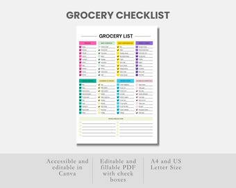 印刷可能な買い物チェックリスト Canvaで編集可能な食料品チェックリスト（記入可能なPDF）食料品ショッピングプランナー カスタマイズ可能な食料品ショッピングリストDIY