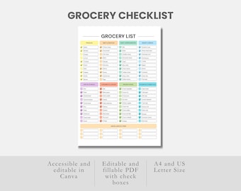 食料品リストテンプレート 食料品チェックリスト 印刷可能な食料品買い物リスト 食料品ショッピングプランナー 週間献立プランナー 空白の食料品リスト Canva