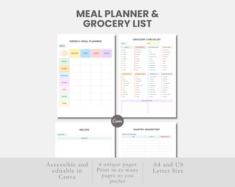meal prep and grocery list meal planning template with shopping list calorie tracker meal planner food prep menu organizer kitchen inventory