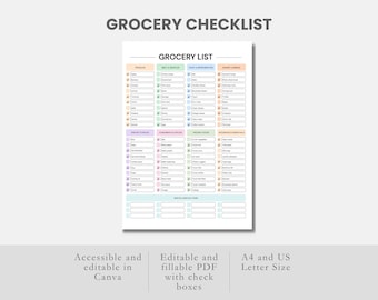 編集可能な食料品の買い物チェックリスト（記入可能なPDF）空白の編集可能な食料品リストテンプレート編集可能なCanva食料品リストテンプレート食料品プランナー