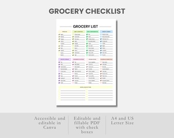 印刷可能な食料品チェックリスト（記入可能なPDF）食料品プランナー（Canvaで編集可能）買い物チェックリスト（食料品の買い物プランナー）食料品の買い物リスト（PDF）
