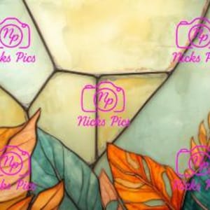 May include: A stained glass panel featuring colorful leaves in shades of red, orange, yellow, and teal. The leaves are arranged against a backdrop of geometric shapes in muted tones.