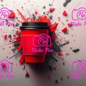 May include: A red disposable coffee cup with a black lid and a red sleeve, set against a backdrop of red and black paint splatters. The image includes the text "Nicks Pics" in a pink font, repeated around the edges.