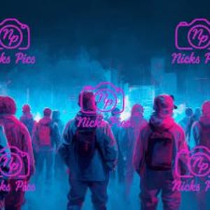 May include: A digital art image of a crowd of people viewed from behind, illuminated by blue and pink neon lights. The text "Nicks Pics" is overlaid on the image in a neon pink color.