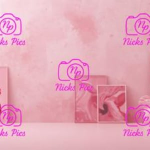 May include: A display of framed art prints in various sizes and styles, leaning against a pink wall. The artwork features abstract floral and botanical themes in shades of pink and red. The text "Nicks Pies" is visible.