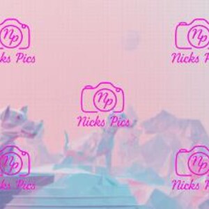 May include: A digital art piece featuring several stylized dog figures in a pastel color palette of pink, blue, and white. The dogs are positioned on geometric shapes, with the text "Nicks Pies" overlaid on the image.