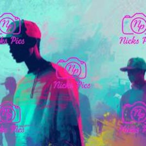 May include: A vibrant, artistic banner featuring silhouettes of people wearing hats and hoodies. The background is a blend of bright colors, including teal, pink, and yellow, with the text "Nicks Pics" repeated throughout.